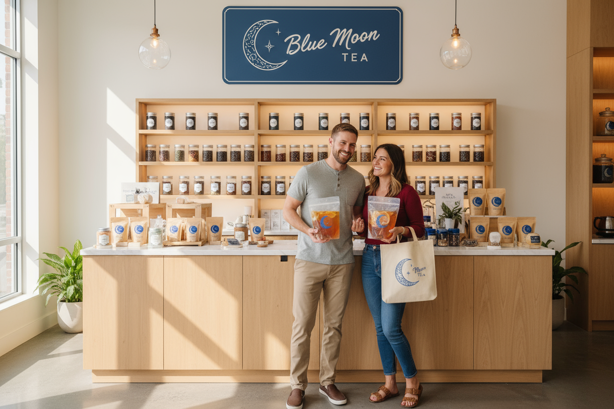 Show the store name Blue Moon Tea and also like 2 people showing them to buy
