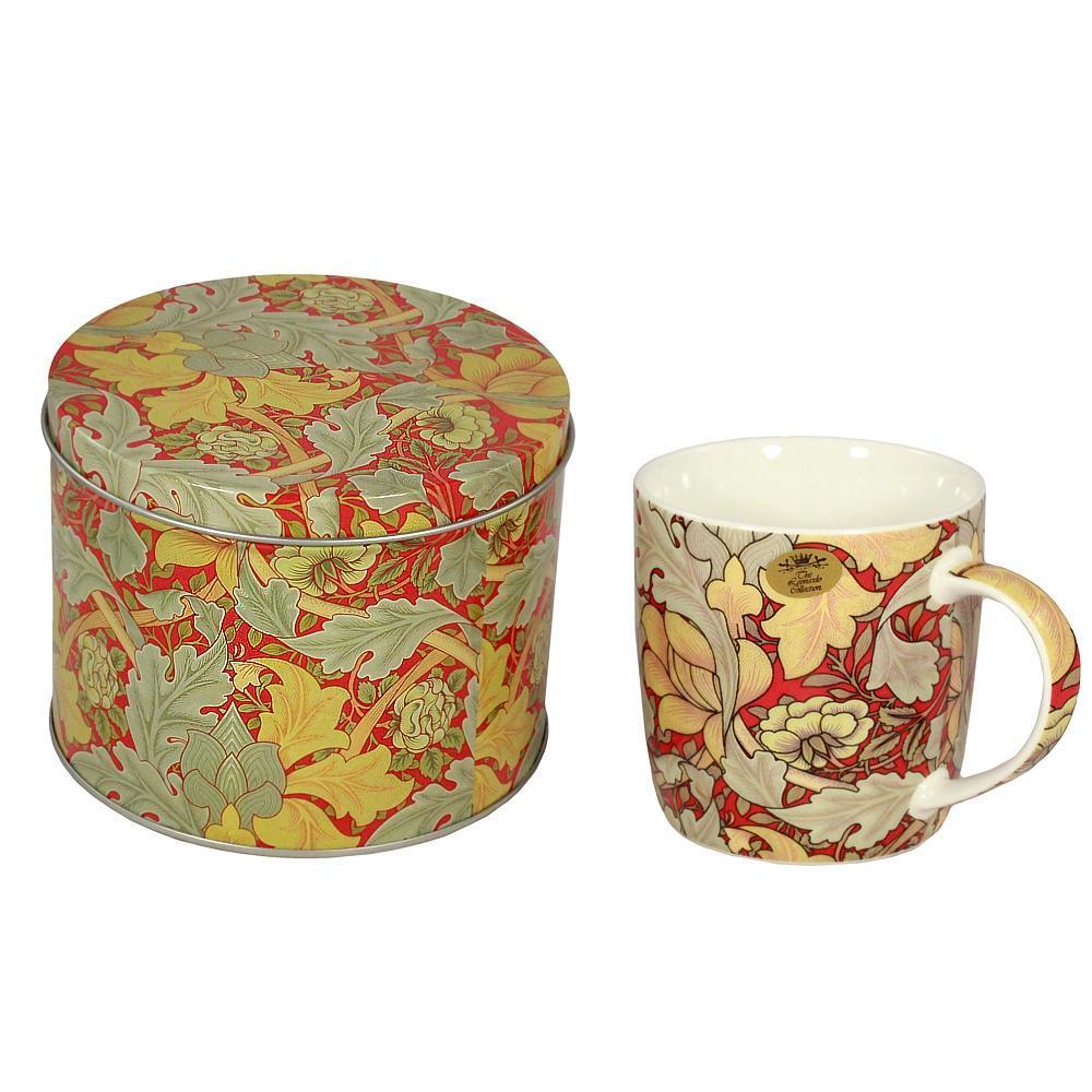 William Morris Red & Gold Leaf Tea Cup and Tea Tin